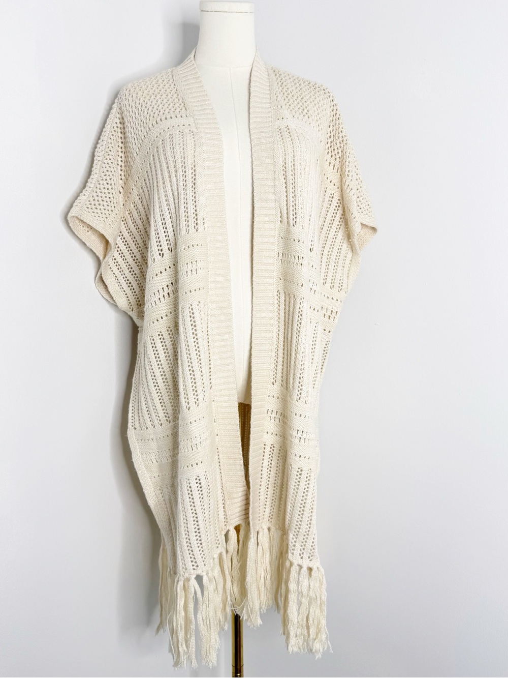 Chico’s Knit Fringe Long Ruana S/M Cream Open Knit Cardigan Wrap NWT